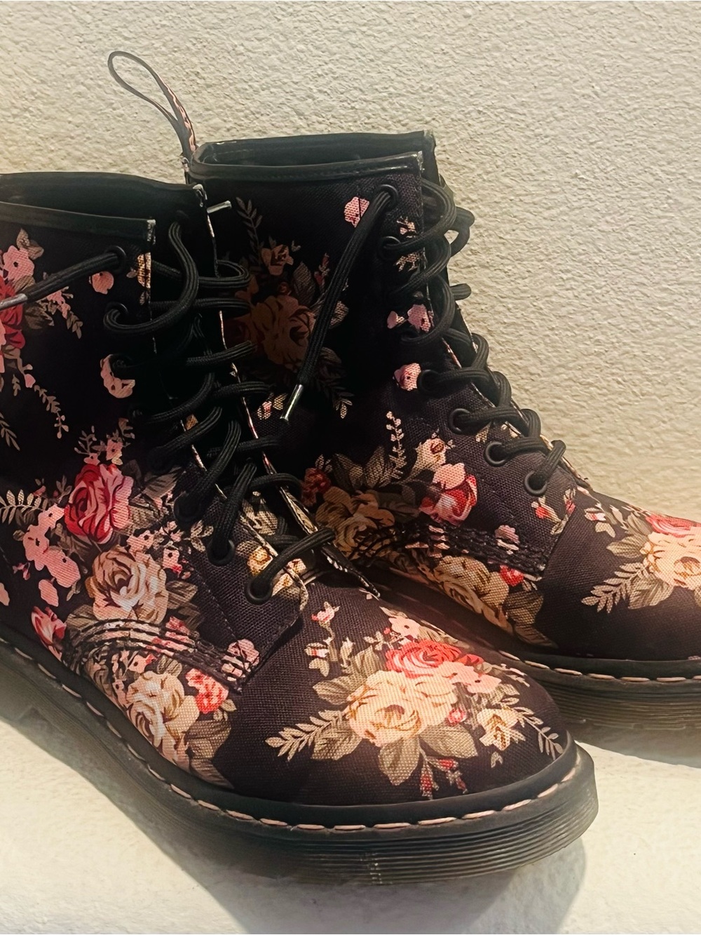 Dr. Martens Black Combat Boots with Pink and Cream Floral Print
